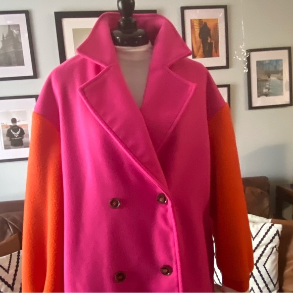 Pink/orange colorblock double-breasted coat, Medium Size 8/10 - Picture 2 of 10